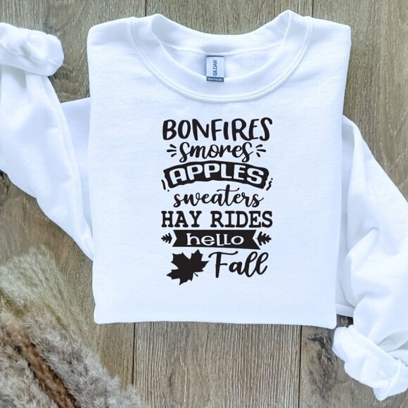 Bonfires, S'Mores, Apples, Sweater, Hayrides, Hello Fall Sweatshirt - Picture 1 of 4